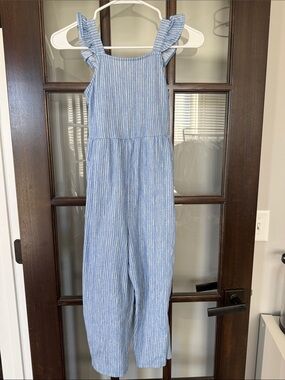 Cat & Jack Blue and White Striped Ruffle Strap Jumpsuit